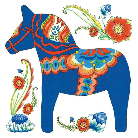 Round Tablecloth Dala Horse Red Green Blue White Swedish Folk Art Cotton Sateen Round Tablecloth Dala Horse Red Green Blue White Swedish Folk Art Cotton Sateen
